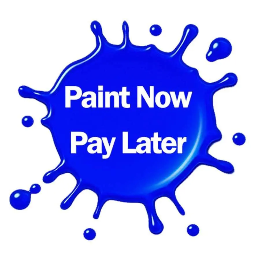 A blue splash with the words paint now pay later.